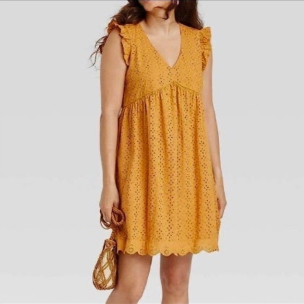 Women's Knox Rose mustard yellow ruffle sleeve eyelet A-Line dress size xxl